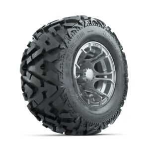 GTW Spyder Silver Brush 10 in Wheels with 20x10-10 Barrage Mud Tires – Full Set